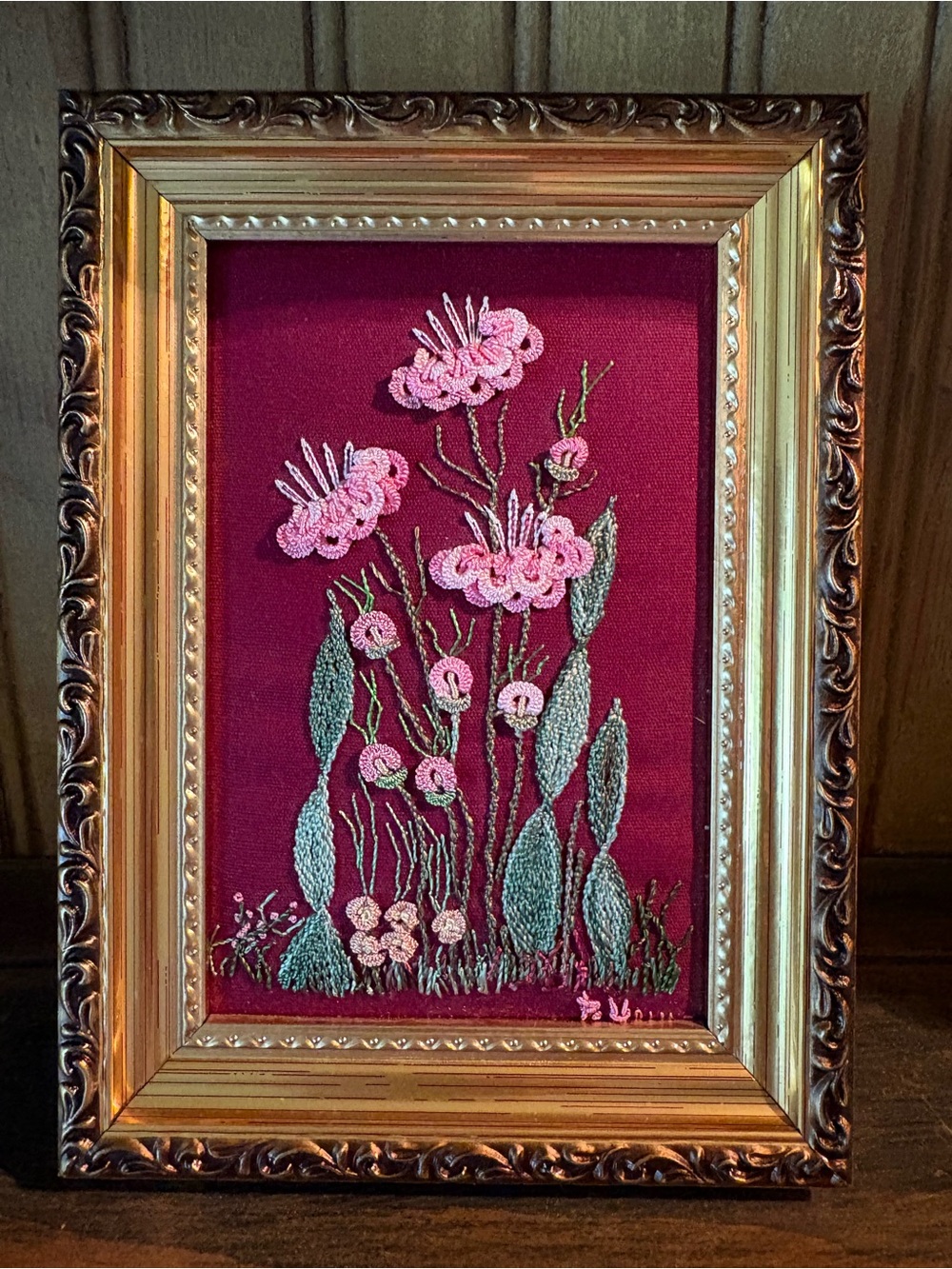 Handmade Brazilian Embroidery EdMar "Camelias" Framed Art Vintage Gold Frame